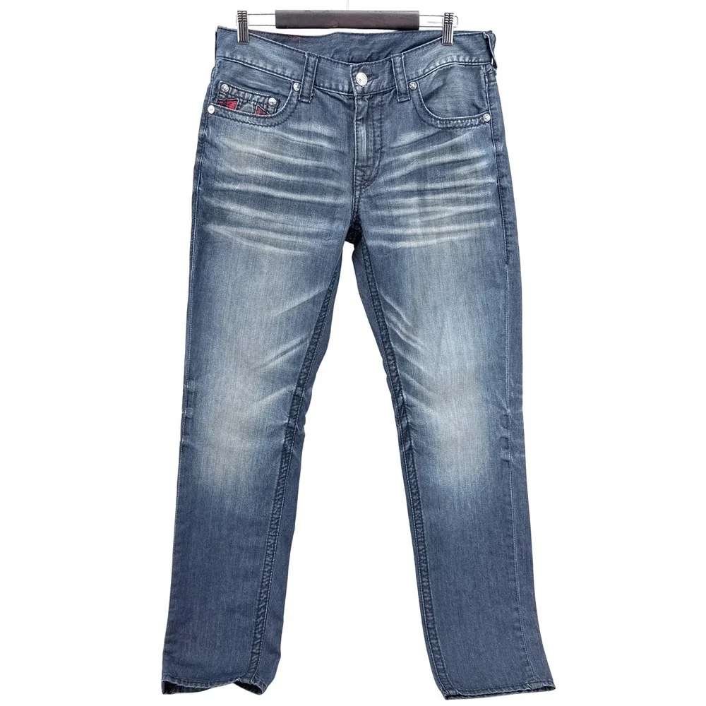 True Religion Slim Jeans Mens 34 Blue‎ Exc Faded Whiskered Red Plaid Straight
